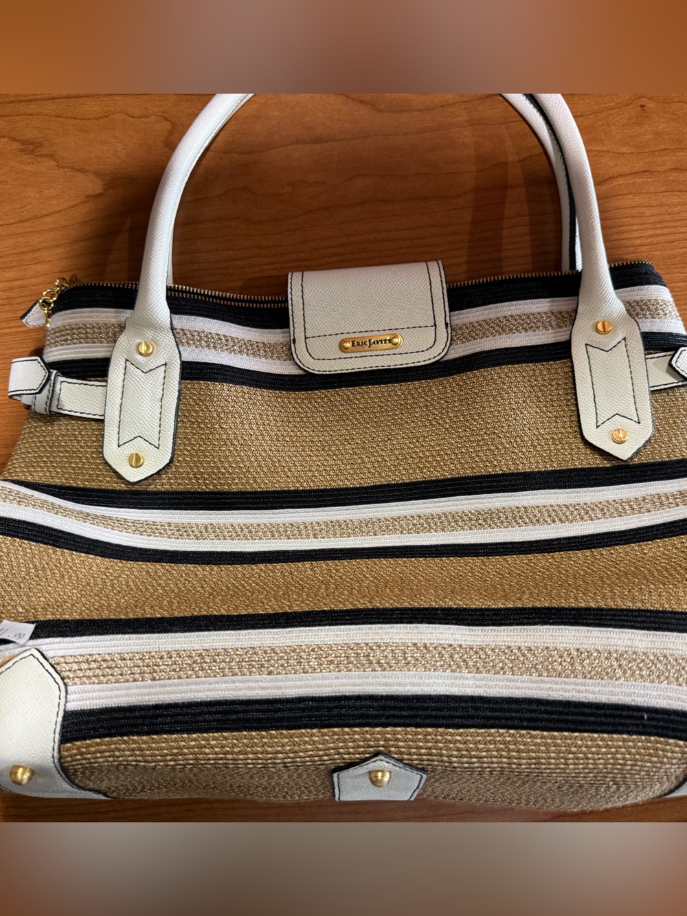 Eric Javits Beige and Black Striped Tote with White Trim